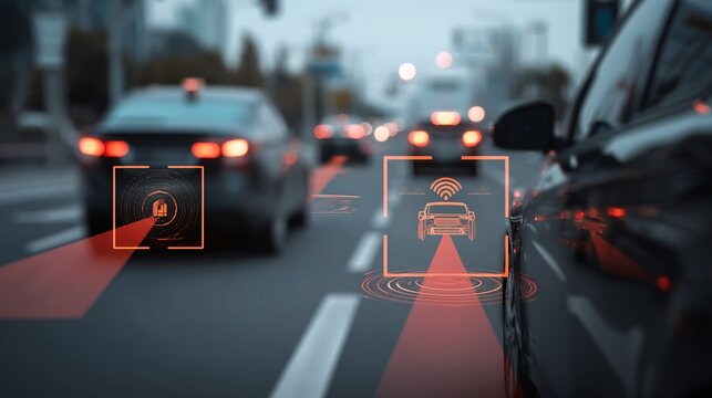 car equipped with LiDAR sensors emitting laser beams to detect surroundings, showcasing real-time object detection and navigation, copy space lidar, autonomous, car, sensors, laser, detection, 