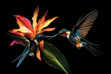 Naklejka premium Two colorful hummingbirds hovering near a vibrant orange flower in mid flight black background