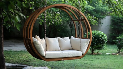 Relaxing outdoor hanging egg chair with cushions in garden