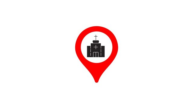 Animated red location pin icon with a Christian church symbol for religious site navigation and church directory apps on a white background.
