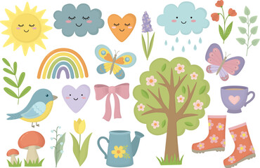 Fototapeta premium Set of cute spring elements in pastel colors. Flowers, clouds, sun, rainbow, bow, tree, watering can, cup, bird, heart, leaves, butterflies, mushrooms and rubber boots. 