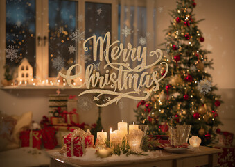 AI generator image of  Christmas is an important religious festival in Christianity. Christmas season, with beautifully wrapped gifts stacked in many boxes. Looking out the window