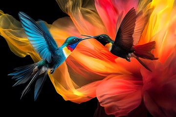 Two hummingbirds in mid flight feeding near vibrant orange and yellow flowers one blue and black one dark with red throat