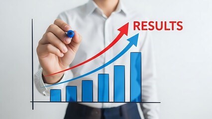 Businessman drawing upward trending bar chart with red results arrow surface for growth concept