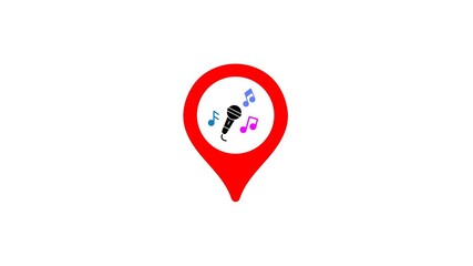 Animated red location pin icon with a microphone and musical notes symbol for karaoke bars music venue maps and live entertainment site navigation.
