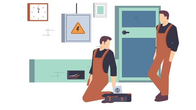 Maintenance crew repairing circuit panel animation, Technician diagnoses faulty wire animated video, Electrician Profession Clip, Low High Voltage Power Supply footage, Handyman Repairman motion