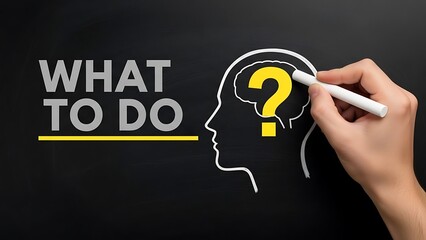 Hand drawing a yellow question mark inside a head outline next to what to do text on blackboard