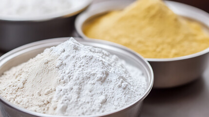 Fototapeta premium Bowls filled with flour, ready for baking! All-purpose, cake, and corn flour sit side-by-side, showcasing different textures and uses in the kitchen. Time to get creative with these staples!