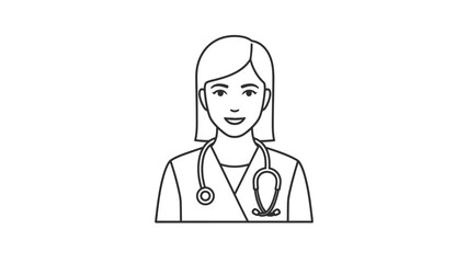 Fototapeta premium Friendly smiling female doctor wearing stethoscope, outline vector illustration on isolated white background
