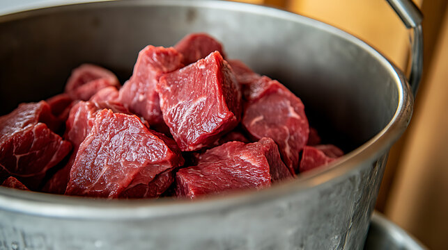 A metal bowl is full of cubed raw meat. The red meat is ready for cooking, and the metallic bowl is ready for the cooking process. The meat looks like it's waiting to be cooked.