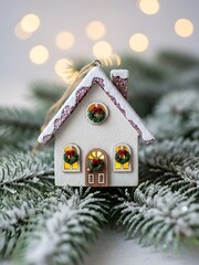 Beautiful Cozy Holiday House with Wreaths Cute Christmas Ornament on Magical Pine Background