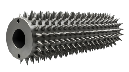 Metal spike roller with circular holes isolated on a transparent background spiked