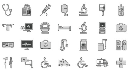 Comprehensive Set of 20 Outline Medical Hospital Healthcare Icons in Bright Studio.