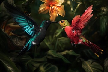 Two hummingbirds mid flight feeding from a yellow flower one black with blue and green wings the other red with green and pink feathers