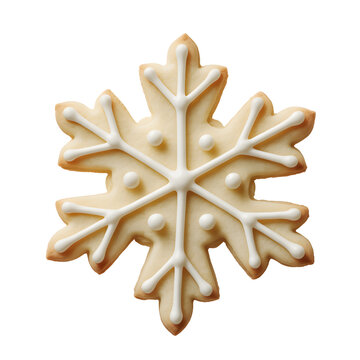 A snowflake shaped sugar cookie with white icing on a white background, perfect for winter or christmas themed baking and desserts