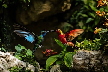 Two hummingbirds in flight one iridescent blue green and black the other red orange yellow feeding in tropical foliage