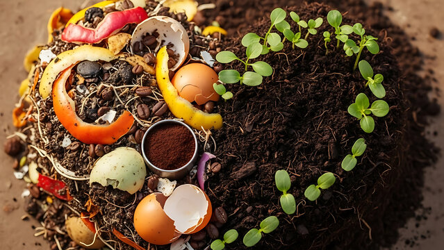 Composting love and compost or composted soil cycle as a composting pile of rotting kitchen scraps w