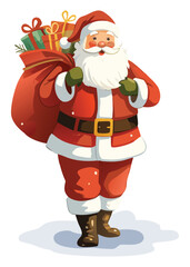 Santa Claus carrying gift sack and present, Christmas cartoon.