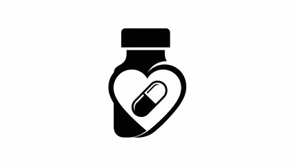 Medicine Bottle with Heart and Pill Inside Icon, Symbolizing Health and Wellness, Isolated White Background