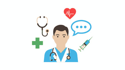 Friendly Male Doctor Avatar with Stethoscope, Heartbeat, Speech Bubble, and Syringe Icons, Isolated White Background