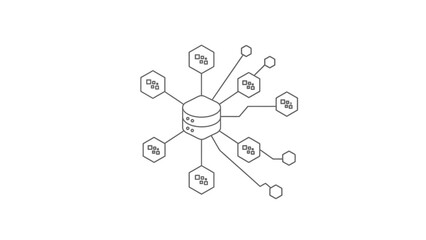 Centralized Network Illustration: A sophisticated illustration showcasing a central hub interconnected with multiple nodes, symbolizing digital connections and data flow. 
