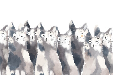Funny cats illustration. Gray cats painted in muted colors with texture of pencils and brush strokes  and with canvas texture