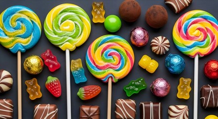 colorful lollipops candies chocolates gummy candy on dark background top view