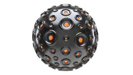 Metallic sphere with orange circles isolated on a transparent background 3D futuristic technology industrial