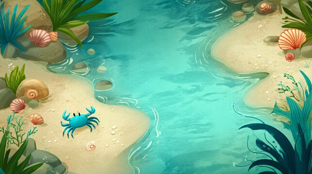 illustration of a small, tranquil tidal pool. The water is pristine and clear, with vibrant shells and sea plants, but a single, strange, luminous blue swimming crab is visible at the bottom, 