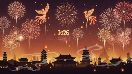 Vibrant chinese cityscape at night with spectacular fireworks and phoenix lanterns celebrating the year 2026