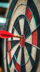 Bullseye success with dartboard and red dart in center