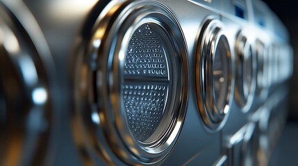 Close-up of industrial washing machines in a laundromat