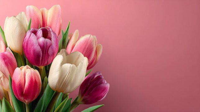 Colorful tulip bouquet blooming on pink background