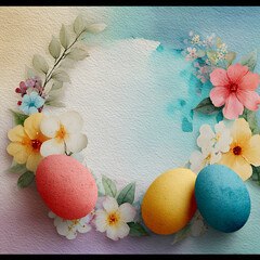 Colorful easter eggs in a watercolor floral wreath
