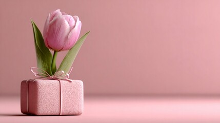 Pink tulip growing from minimal gift box