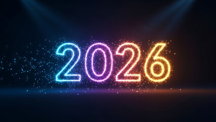Glowing neon numbers twenty twenty six on dark background