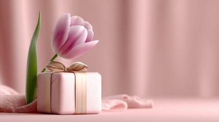 Pink tulip and gift box celebrating love