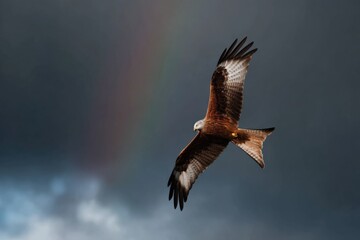Fototapeta premium Majestic red kite soaring against a dramatic stormy sky with rainbow