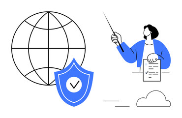 Globe with check-marked shield and person using a pointer for a document. Ideal for security, privacy, education, technology, compliance, trust, teaching. Simple flat metaphor