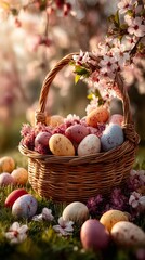 Easter basket filling with colorful eggs and spring flowers