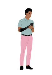Young man with a black prosthetic arm, casual outfit, checking his smartphone, Clean vector illustration isolated on transparent background.
