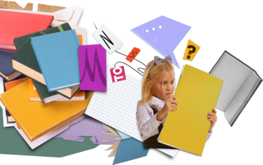 Thoughtful digital artwork with schoolgirl choosing book on transparent background. Concept of decision making, reading choice, independent learning and educational curiosity.