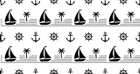 Nautical sailboats anchors wheels and palm trees silhouette white background shipwheel © Abdullah