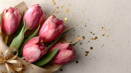 Pink tulip bouquet with golden glitter on background