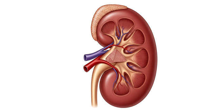 Cystic Kidney Disease or CKD as a comparison between a healthy kidney and one affected by polycystic