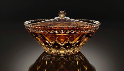 Close up of a luxury perfume bottle on a reflective surface, showcasing elegance and high end design