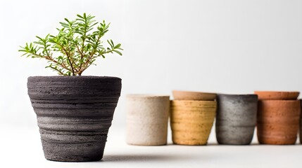 A single green plant in a dark pot stands alone next to a row of empty pots.