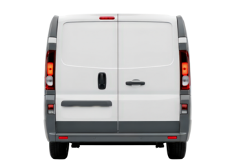 Rear view of a white commercial cargo van isolated on a pure transparent background