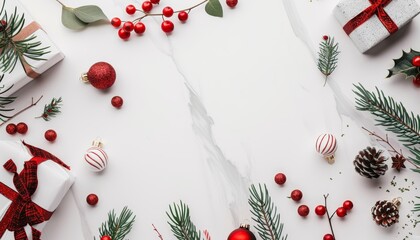 Beautifully wrapped christmas gifts and festive decor in a captivating flat lay photography display