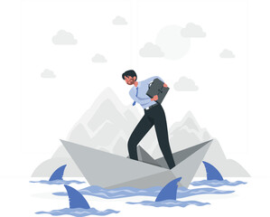 Businessman on paper boat with shark fins in water and mountains d